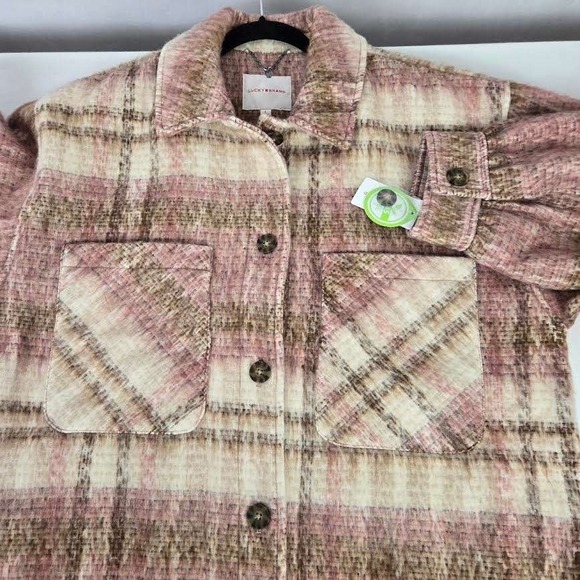 Lucky Brand Jackets & Blazers - Lucky Brand Pink Brown Plaid Shacket Button Front Jacket L Oversized Lined NEW